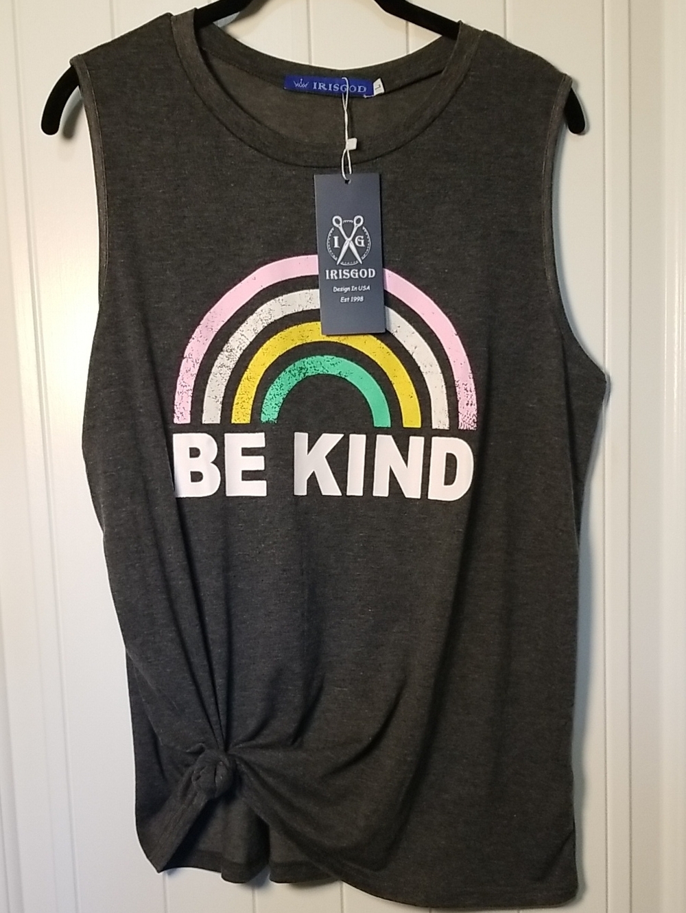 NWT charcoal sleeveless 'BE KIND' Cotton tank w/pink, yellow & green rainbow Lrg